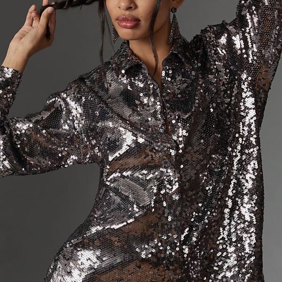 Anthropologie Good American Sequin Party Buttondown Shirt S carbon color nwt - Picture 7 of 11